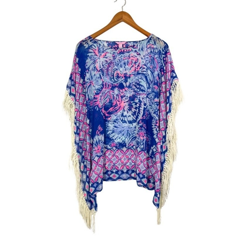 Lilly Pulitzer Fringe Kaftan Tunic Top XS Blue Pink Tropical Print Beach Boho - Picture 2 of 12